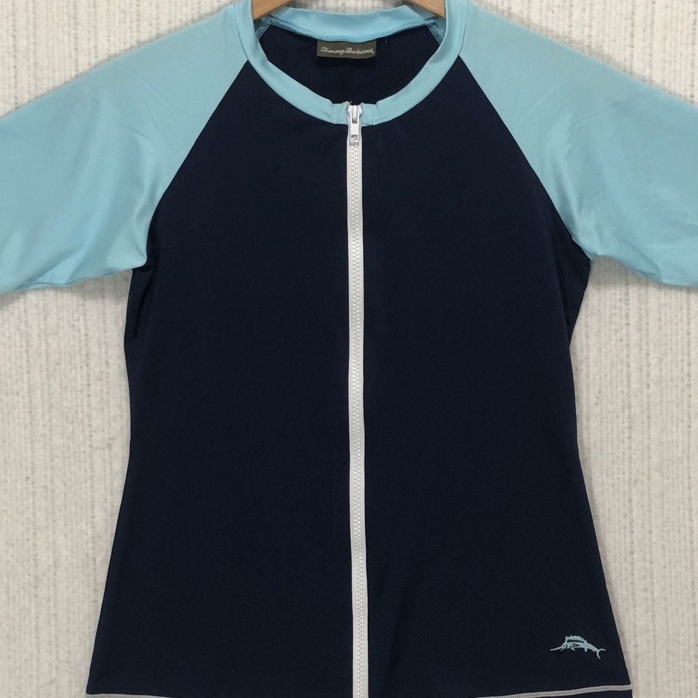 Tommy Bahama Womens Rash Guard Navy Blue Light Blue Zip Front Short Sleeve Small
